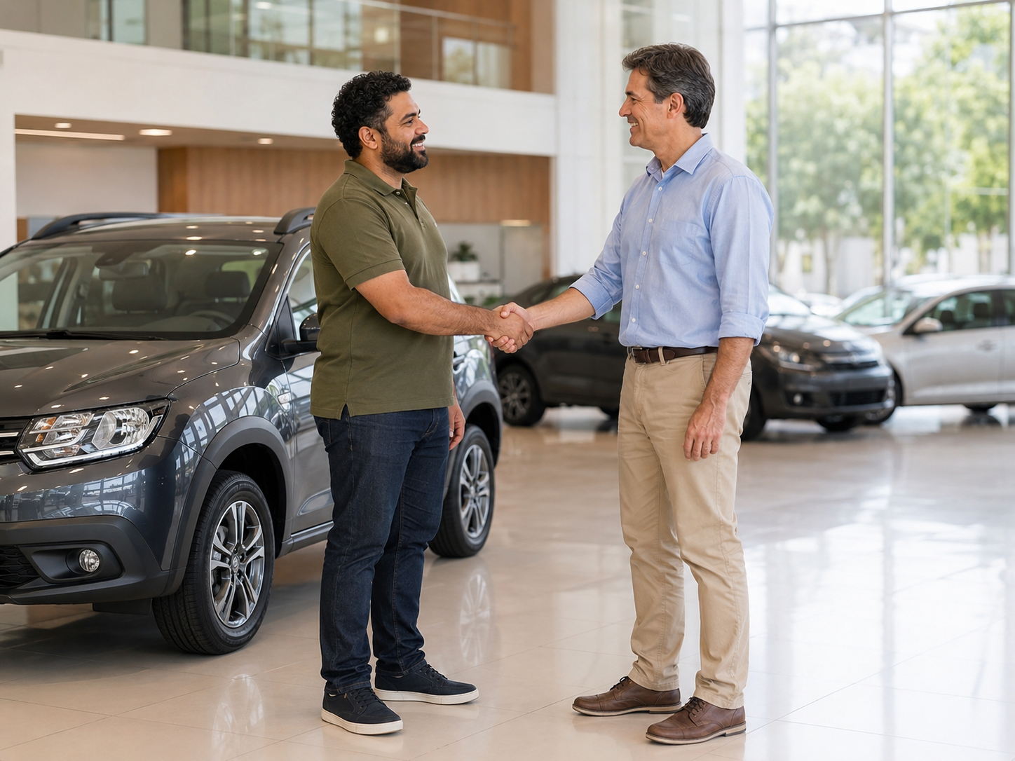 Duas pessoas se cumprimentando ao fechar negócio em uma loja do Auto Shopping Nações Unidas